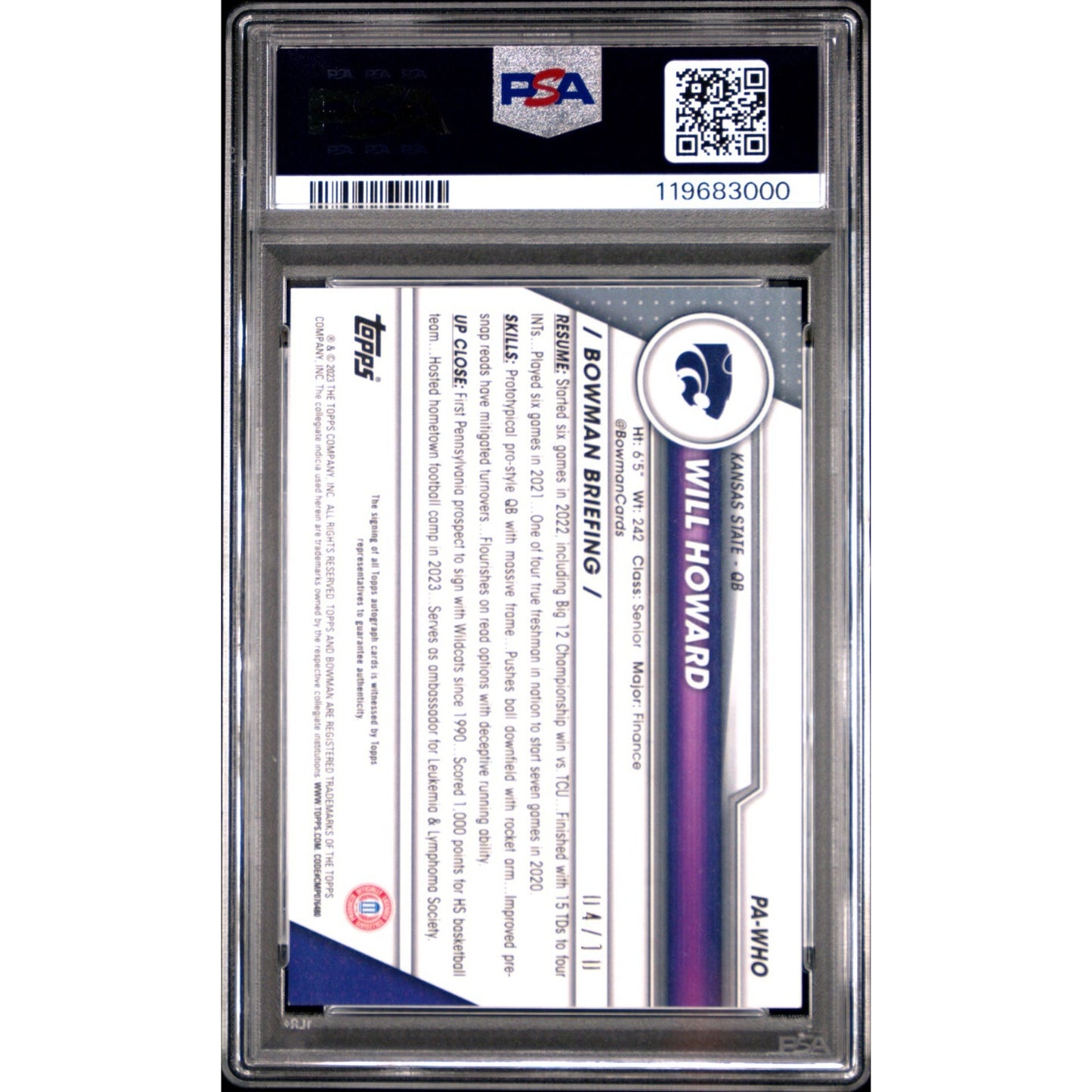 2023 Bowman U Chrome Sapphire AUTO #4/10 Will Howard Steelers Rookie PSA 9