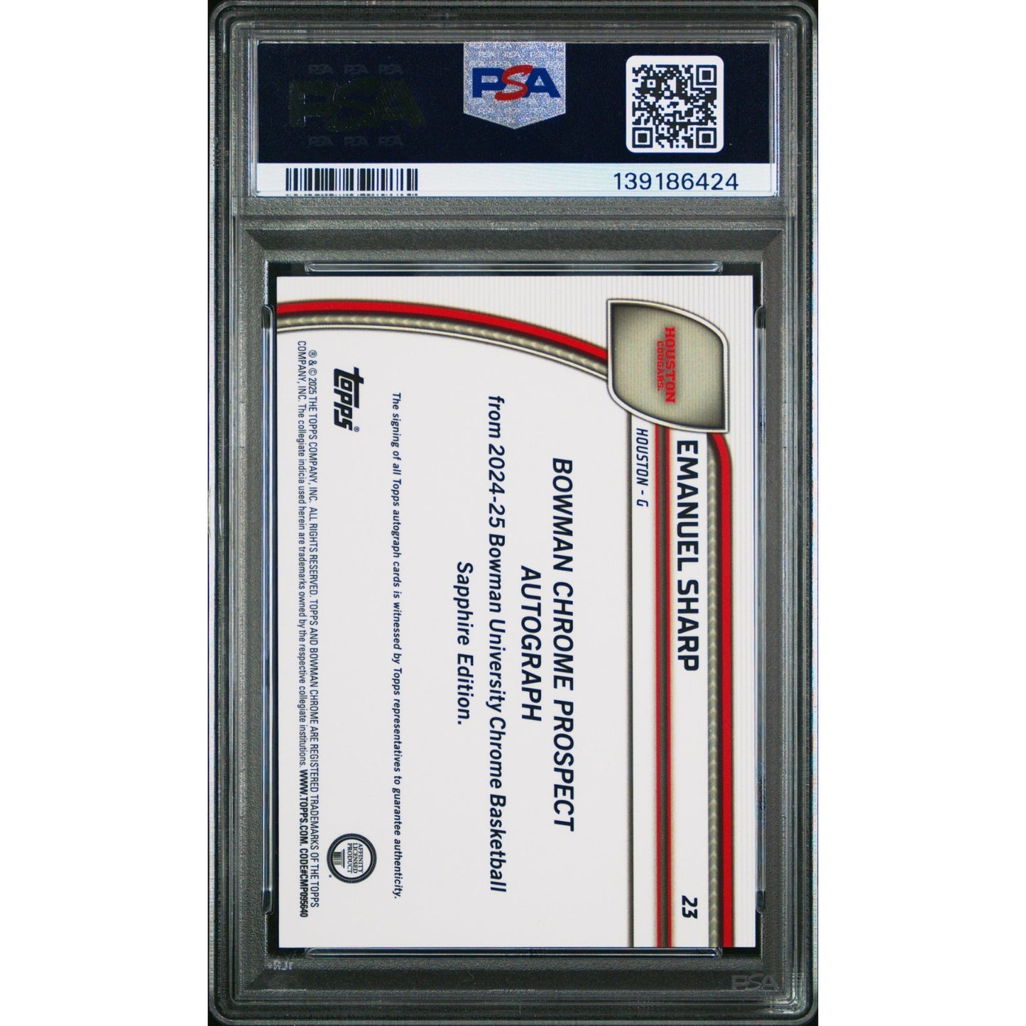 2024 Bowman Chrome Sapphire 1st Emanuel Sharp #23 Black Auto /10 PSA 10 (RC,AU)