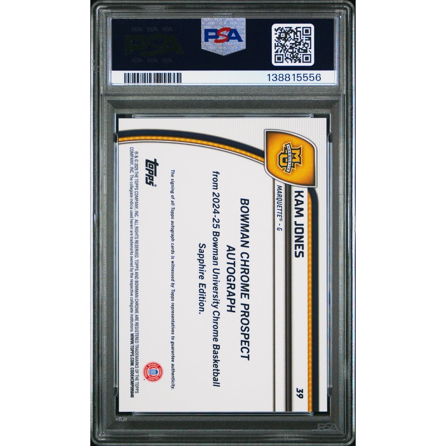2024 Bowman Chrome Sapphire 1st - Kam Jones #39 Black Auto /10 PSA 9 (RC,AU)