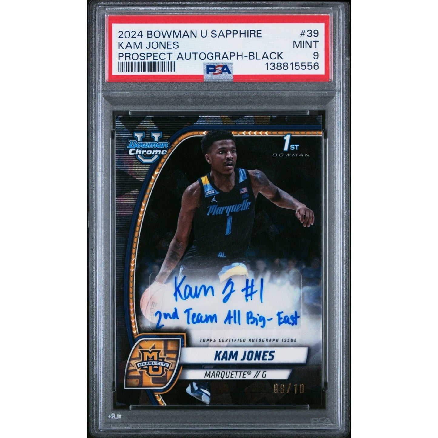 2024 Bowman Chrome Sapphire 1st - Kam Jones #39 Black Auto /10 PSA 9 (RC,AU)