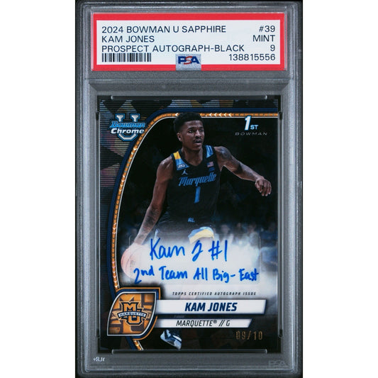 2024 Bowman Chrome Sapphire 1st - Kam Jones #39 Black Auto /10 PSA 9 (RC,AU)