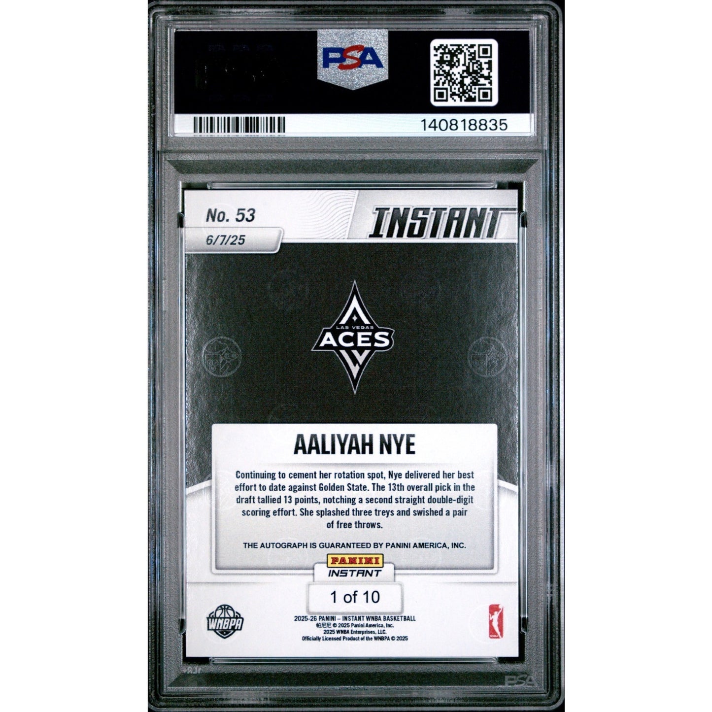 2025 Panini Instant WNBA - Aaliyah Nye #53 Water Auto /10 PSA 10 (RC,AU)