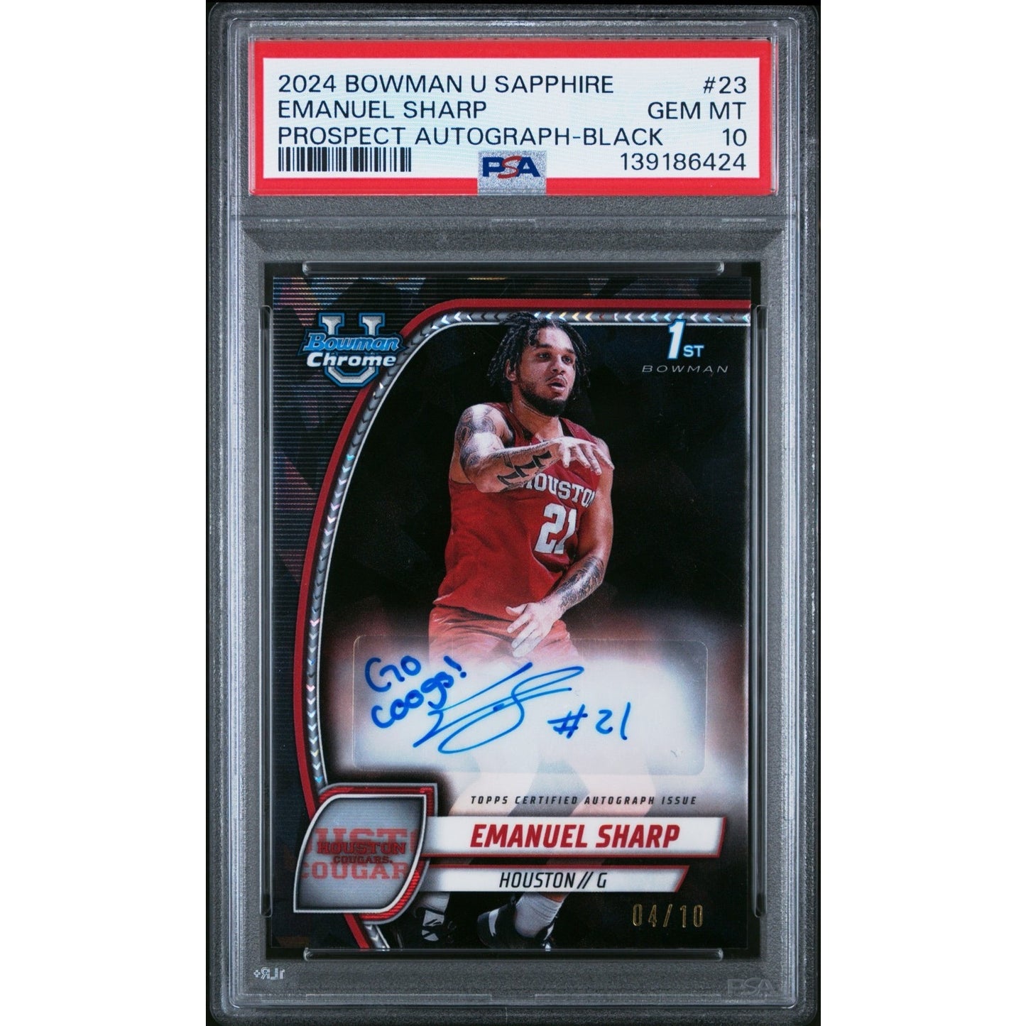2024 Bowman Chrome Sapphire 1st Emanuel Sharp #23 Black Auto /10 PSA 10 (RC,AU)