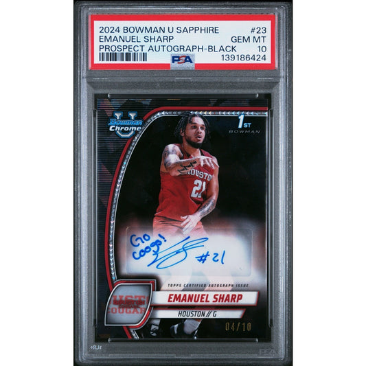 2024 Bowman Chrome Sapphire 1st Emanuel Sharp #23 Black Auto /10 PSA 10 (RC,AU)